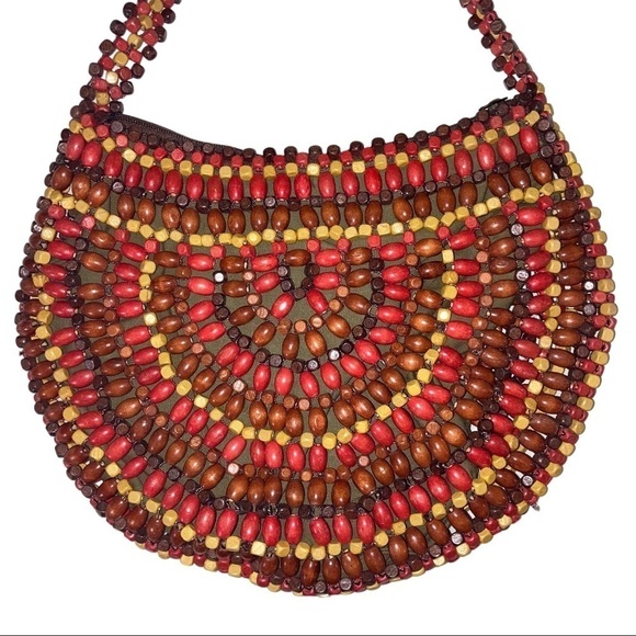 Coachella Wooden Beaded Boho Purse Red Tan Brown Bohemian Festival Women’s Bag - Picture 3 of 6